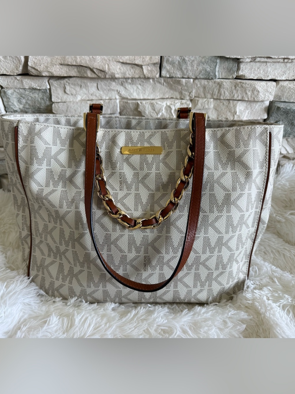 Michael Kors Beige Logo Tote with Brown Leather & Gold Chain